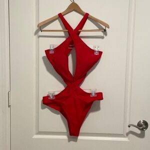 Women’s cutout criss-cross swimsuit, candy apple red, size XL, unknown designer